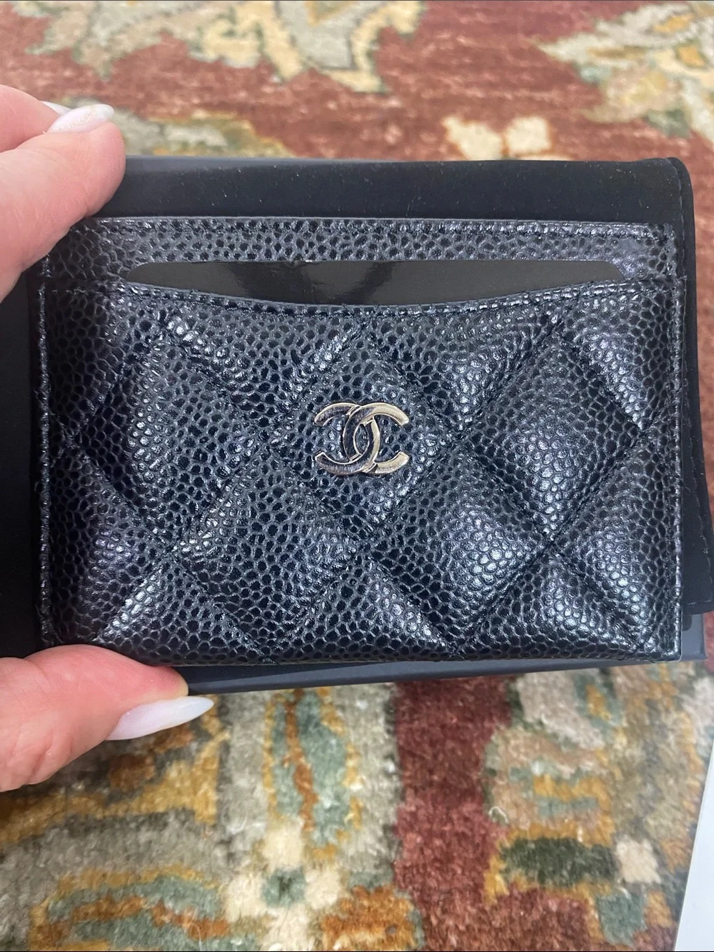 CHANEL Black Quilted Caviar Leather Card Holder with Silver CC logo